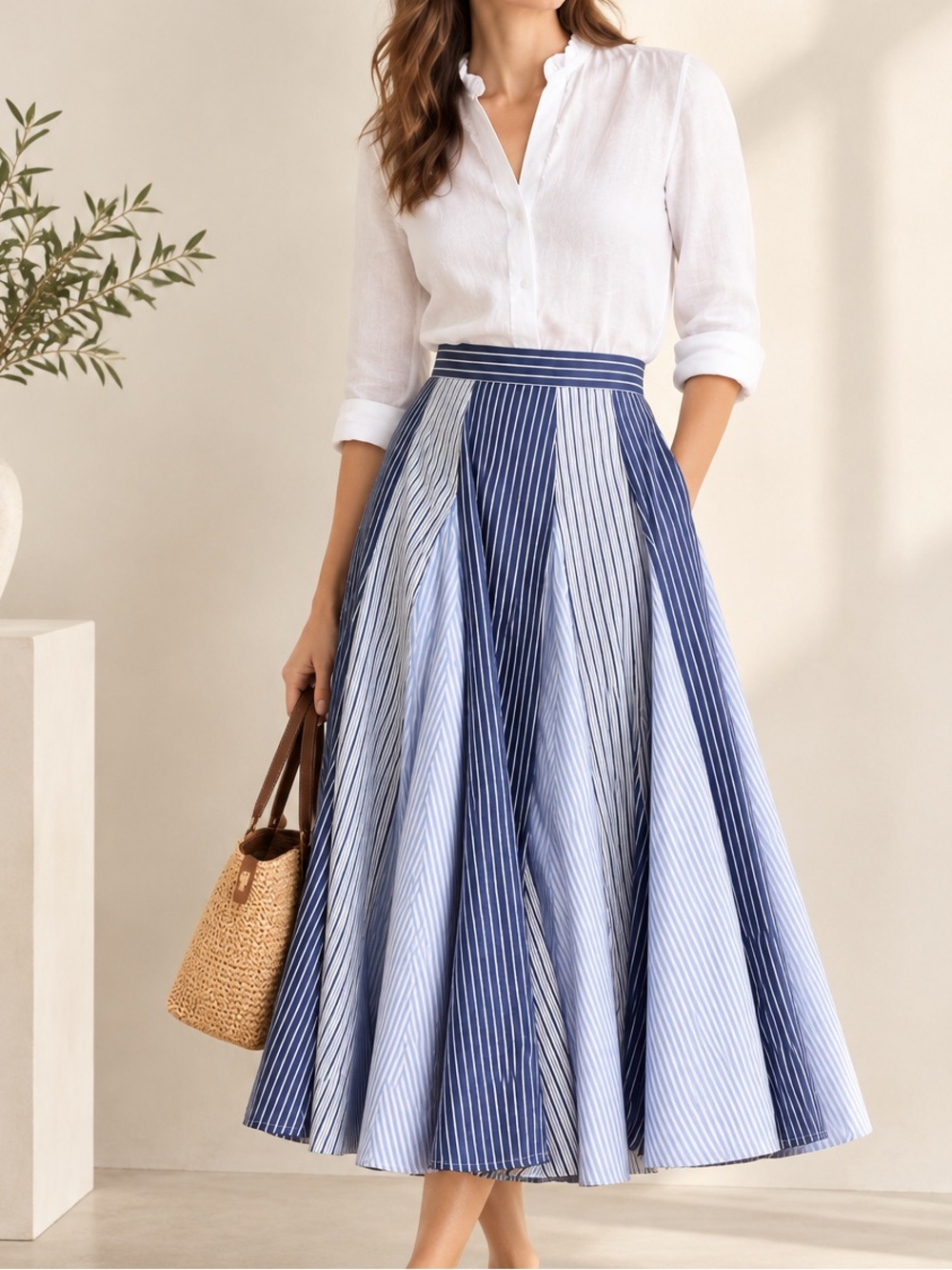 Anthropologie Maeve Blue White Stripe Flowy Midi Skirt Women's Size 2